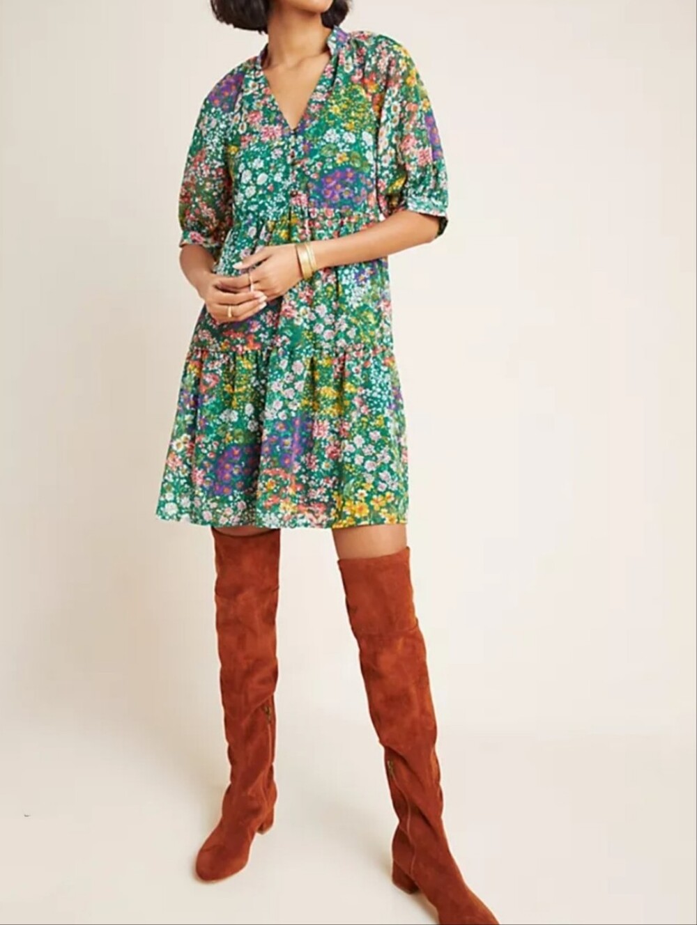 Maeve (Sz M) Multicolor Floral V-Neck Semi-sheer SS Tiered Skirt Hem Midi Dress - Picture 14 of 16
